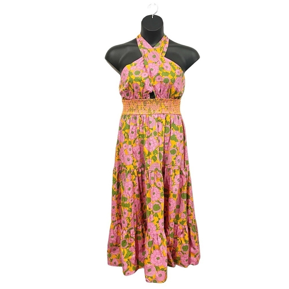 Flora Bea Frasier Floral Maxi Dress XL Orange Pink Long Halter Tiered Sundress - Picture 2 of 7